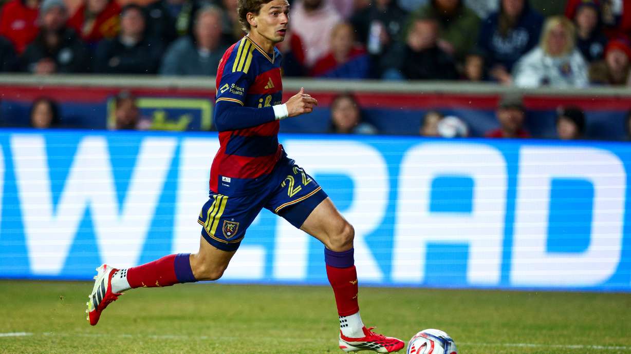 Real Salt Lake forward Sergi Solans (22) drives into the box during the game against the Seattle Sounders at America First Field in Sandy on Saturday, Feb. 28, 2026.