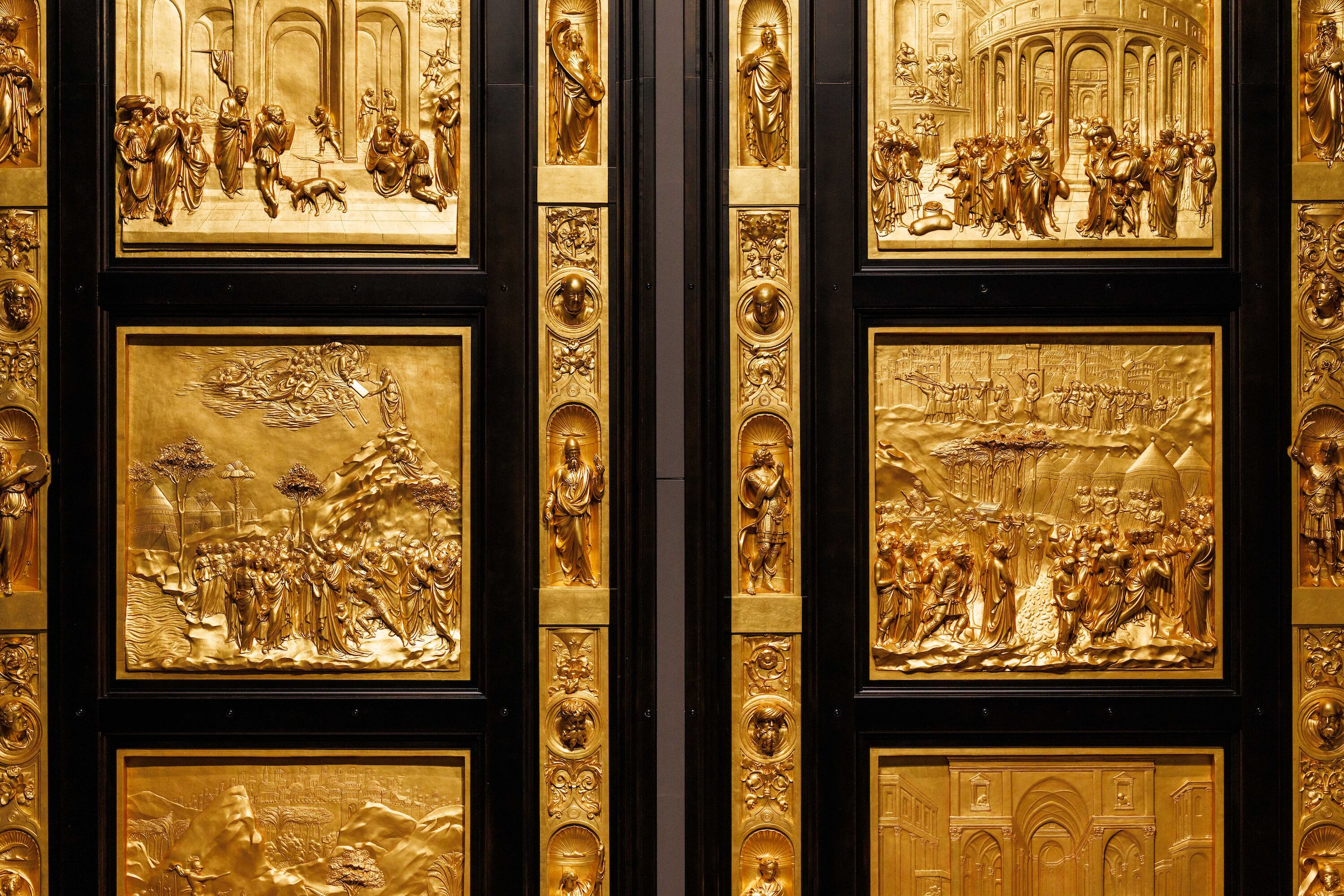 The BYU Museum of Art restored and gilded plaster casts of Lorenzo Ghiberti’s original sculpture Gates of Paradise in San Giovanni Baptistery in Florence, Italy. Many panels were broken or missing when restoration originally began.