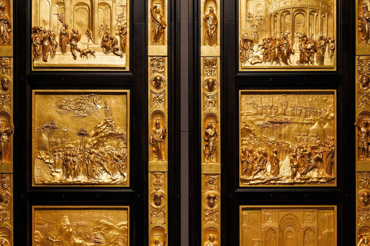 The BYU Museum of Art restored and gilded plaster casts of Lorenzo Ghiberti’s original sculpture Gates of Paradise in San Giovanni Baptistery in Florence, Italy. Many panels were broken or missing when restoration originally began.