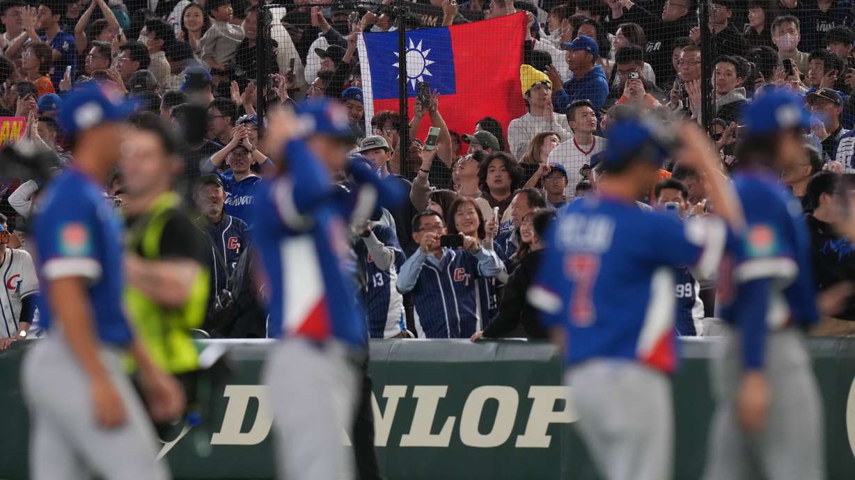 Taiwan players celebrate after defeating South Korea during a World Baseball Classic game between South Korea and Taiwan on Sunday, March 8, 2026 in Tokyo, Japan.