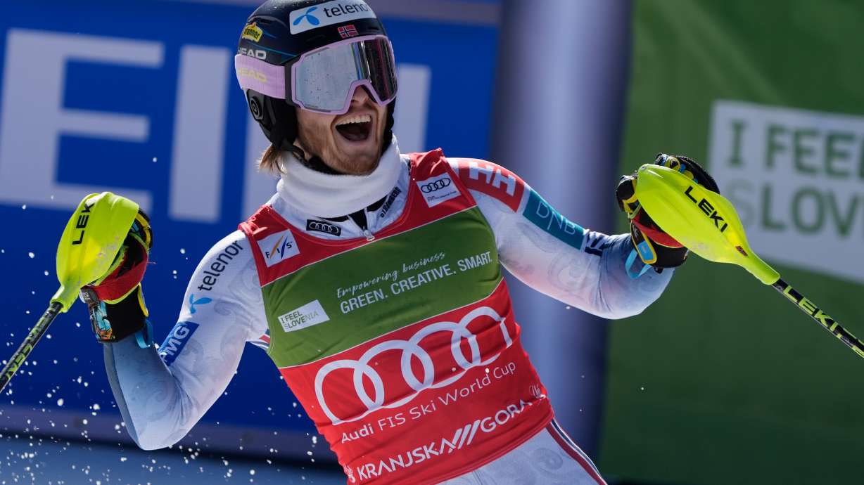 Norway's Atle Lie McGrath celebrates winning an alpine ski, men's World Cup slalom, in Kranjska Gora, Slovenia, Sunday, March 8, 2026.