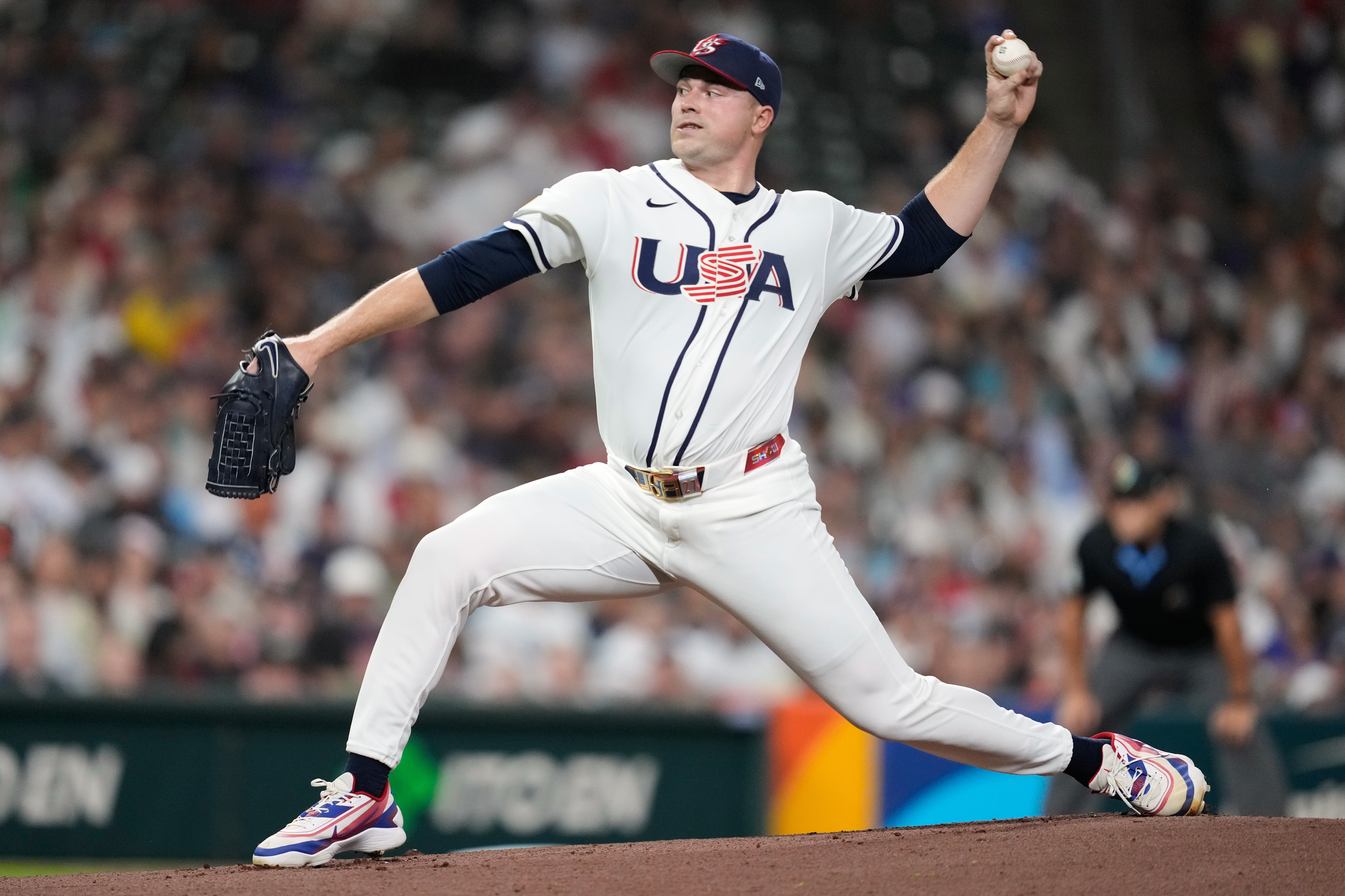 United States starting pitcher Tarik Skubal throws during the first inning of a World Baseball Classic game against Britain, Saturday, March 7, 2026, in Houston. 