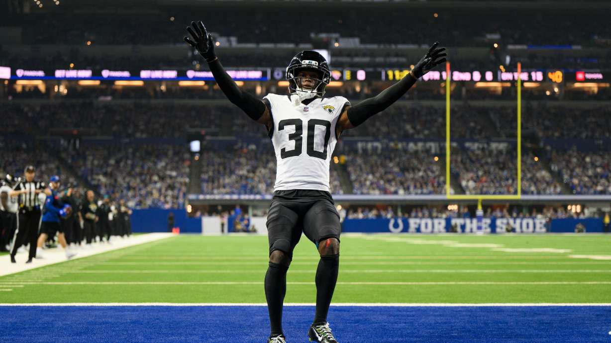 FILE - Jacksonville Jaguars cornerback Montaric Brown celebrates on the field during an NFL football game against the Indianapolis Colts, Dec. 28, 2025, in Indianapolis.