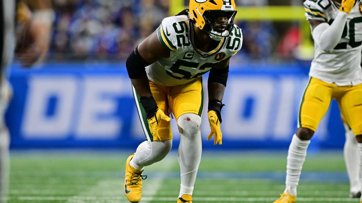 FILE - Green Bay Packers defensive end Rashan Gary lines up during the second half of an NFL football game against the Detroit Lions in Detroit, Nov. 27, 2025.