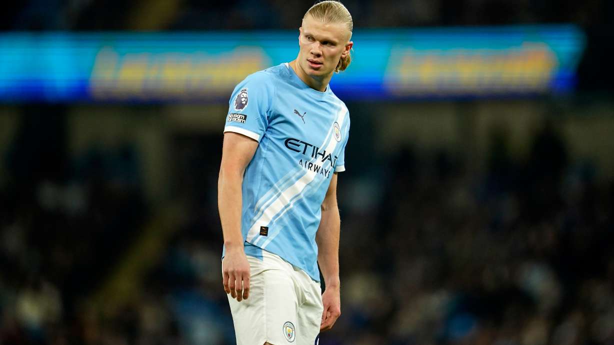 Manchester City's Erling Haaland looks on during the English Premier League soccer match between Manchester City and Nottingham Forest in Manchester, England, Wednesday, March 4, 2026.