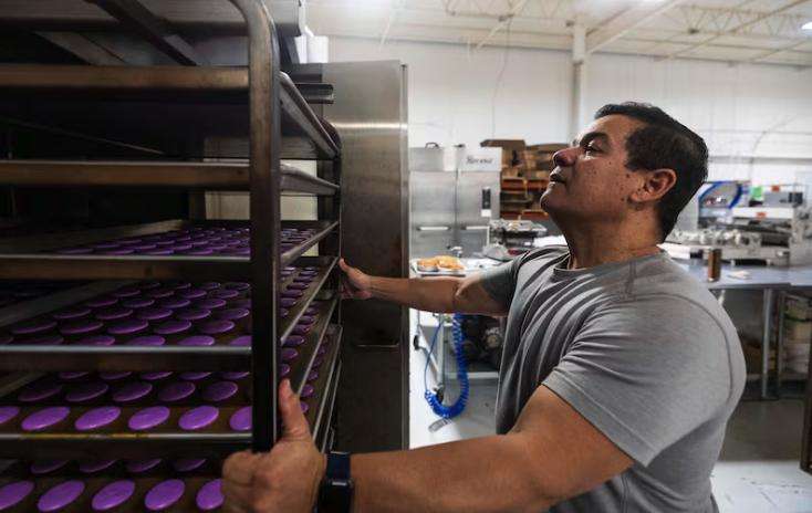 Chef Adalberto Diaz Labrada puts a batch of macarons into an oven in the kitchen of Fillings & Emulsions in Salt Lake City on Feb. 19, 2025.