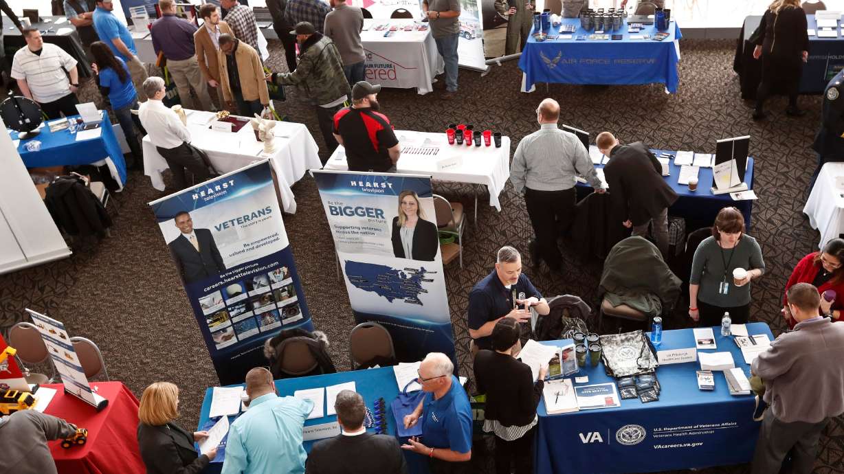 Visitors to the Pittsburgh veterans job fair at Heinz Field in Pittsburgh on March 7, 2019. The unemployment rate for all veterans dropped from 4.5% in January to 4.1% in February.