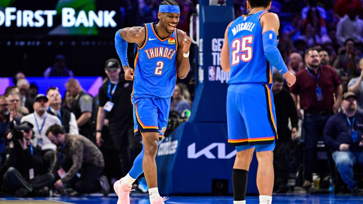 Oklahoma City Thunder guard Shai Gilgeous-Alexander (2) celebrates during the first half of an NBA basketball game against the Denver Nuggets Monday, Mar. 9, 2026, in Oklahoma City.