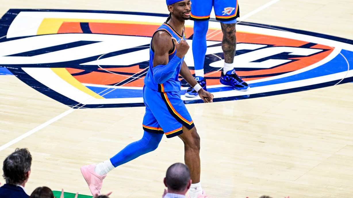 Oklahoma City Thunder guard Shai Gilgeous-Alexander (2) gestures during the second half of an NBA basketball game against the Denver Nuggets Monday, March 9, 2026, in Oklahoma City.