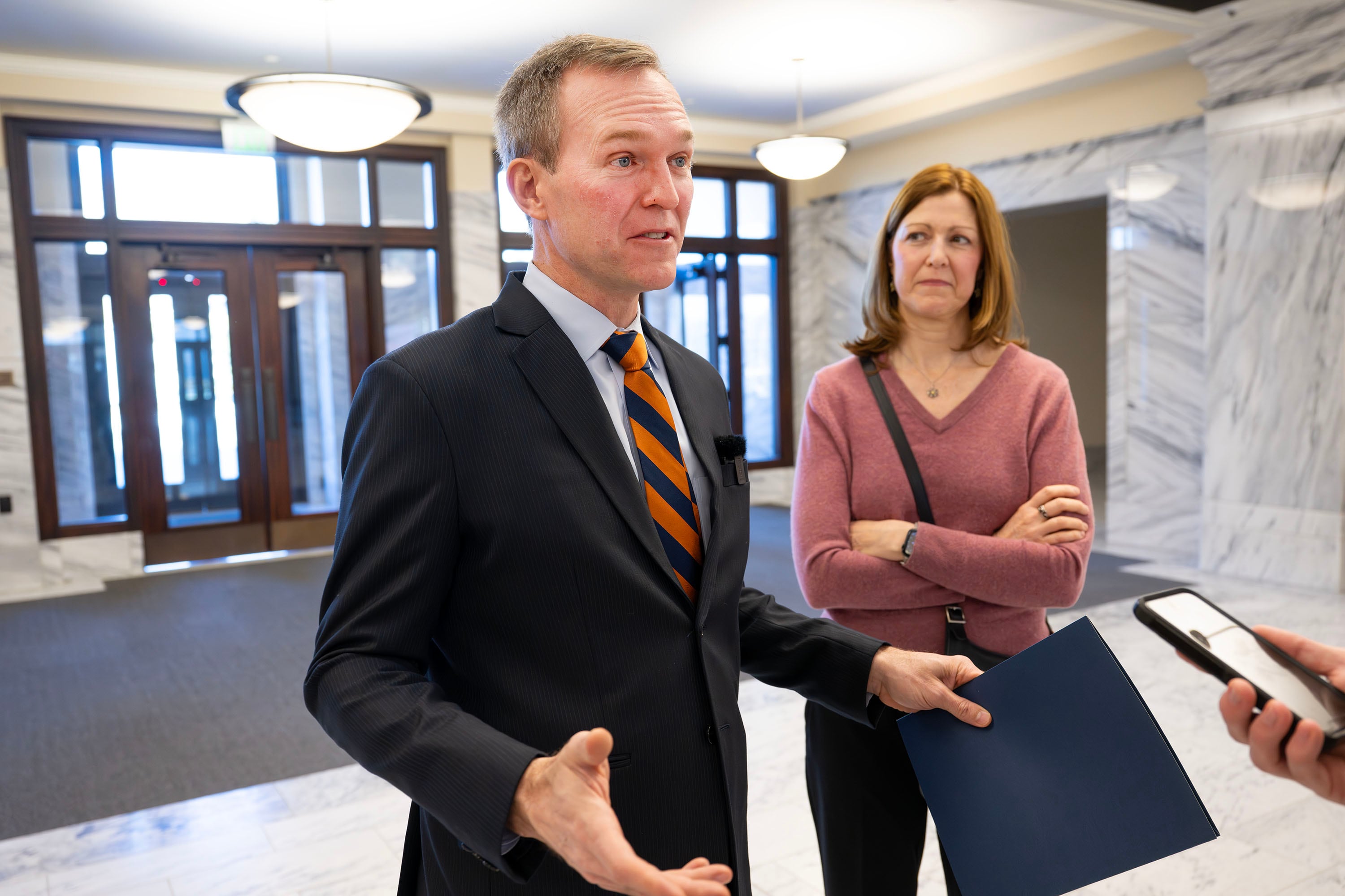 Ben McAdams, with his wife, Julie, at his side, talks with the media after he filed the paperwork to run in Utah’s 1st Congressional District at the Capitol in Salt Lake City on Monday. A new court-ordered congressional district map has already transformed the landscape of Utah primary elections.