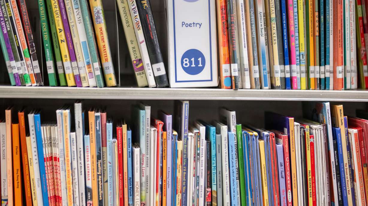 Books sit on shelves in an elementary school library in suburban Atlanta, on Aug. 18, 2023.