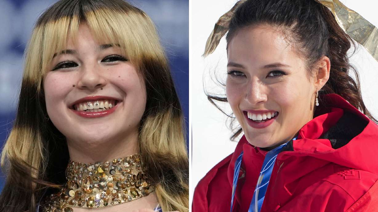 This photo combo shows, from left, Gold medalist Alysa Liu of the United States in Milan, Italy, Thursday, Feb. 19, 2026 and Gold medalist China's Eileen Gu in Livigno, Italy, Sunday, Feb. 22, 2026.