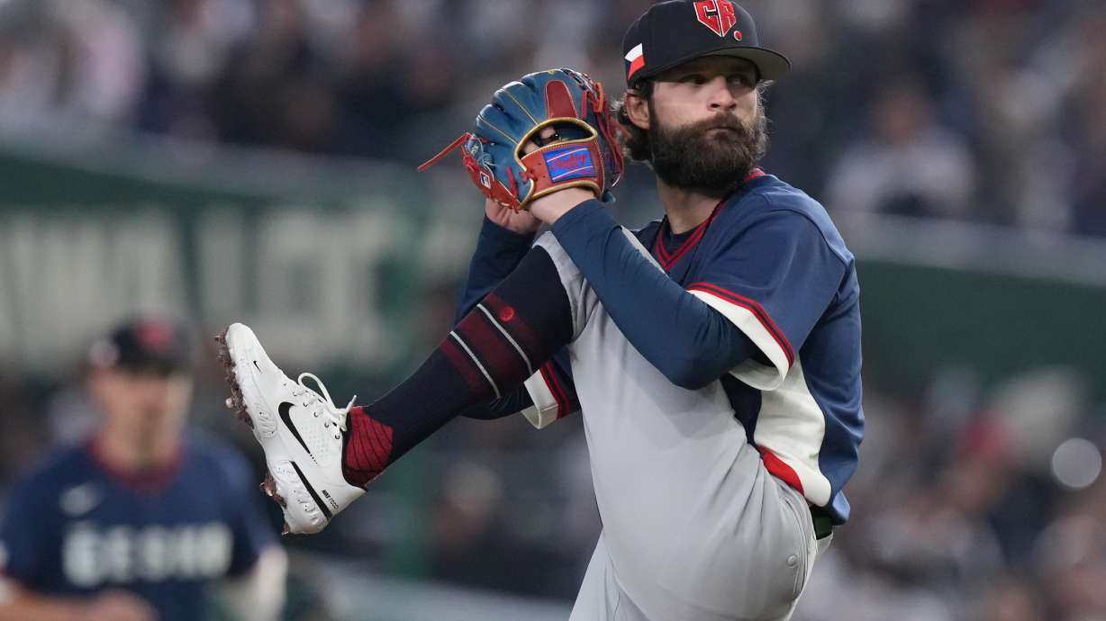 Czech Republic's pitcher Ondrej Satoria pitches to a Japan batter during the inning of a World Baseball Classic game between Japan and the Czech Republic on Tuesday, March 10, 2026 in Tokyo.