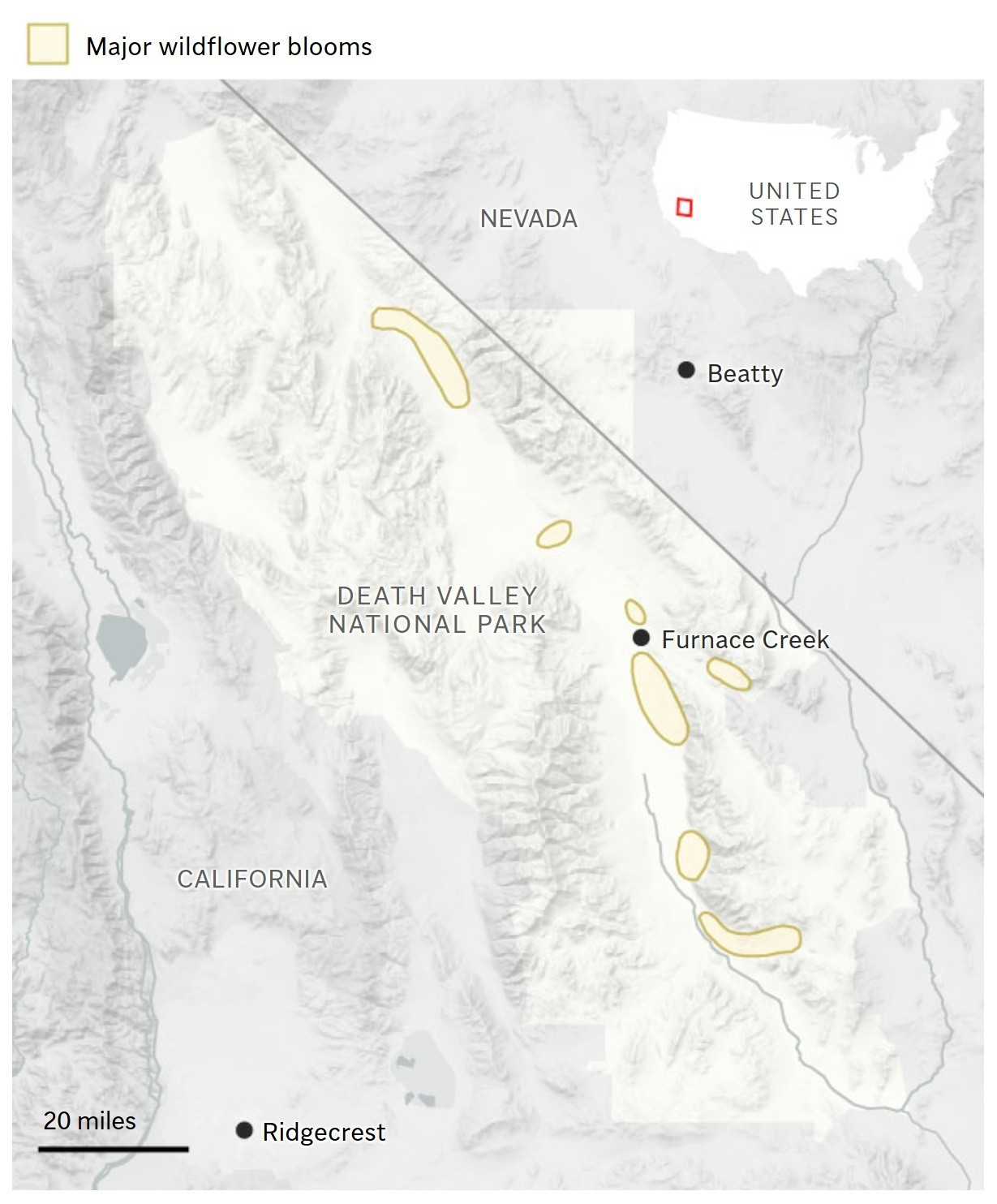 A map showing the location of superblooms in Death Valley.