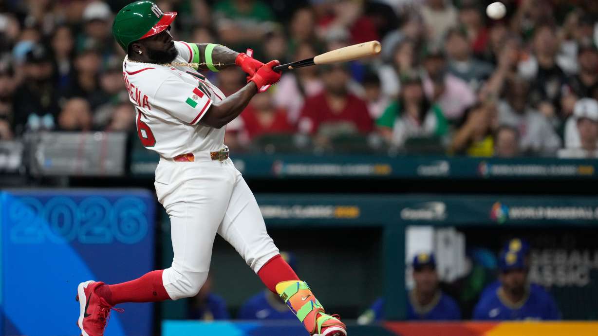 Mexico's Randy Arozarena doubles during the first inning of a World Baseball Classic game against Brazil, Sunday, March 8, 2026, in Houston.