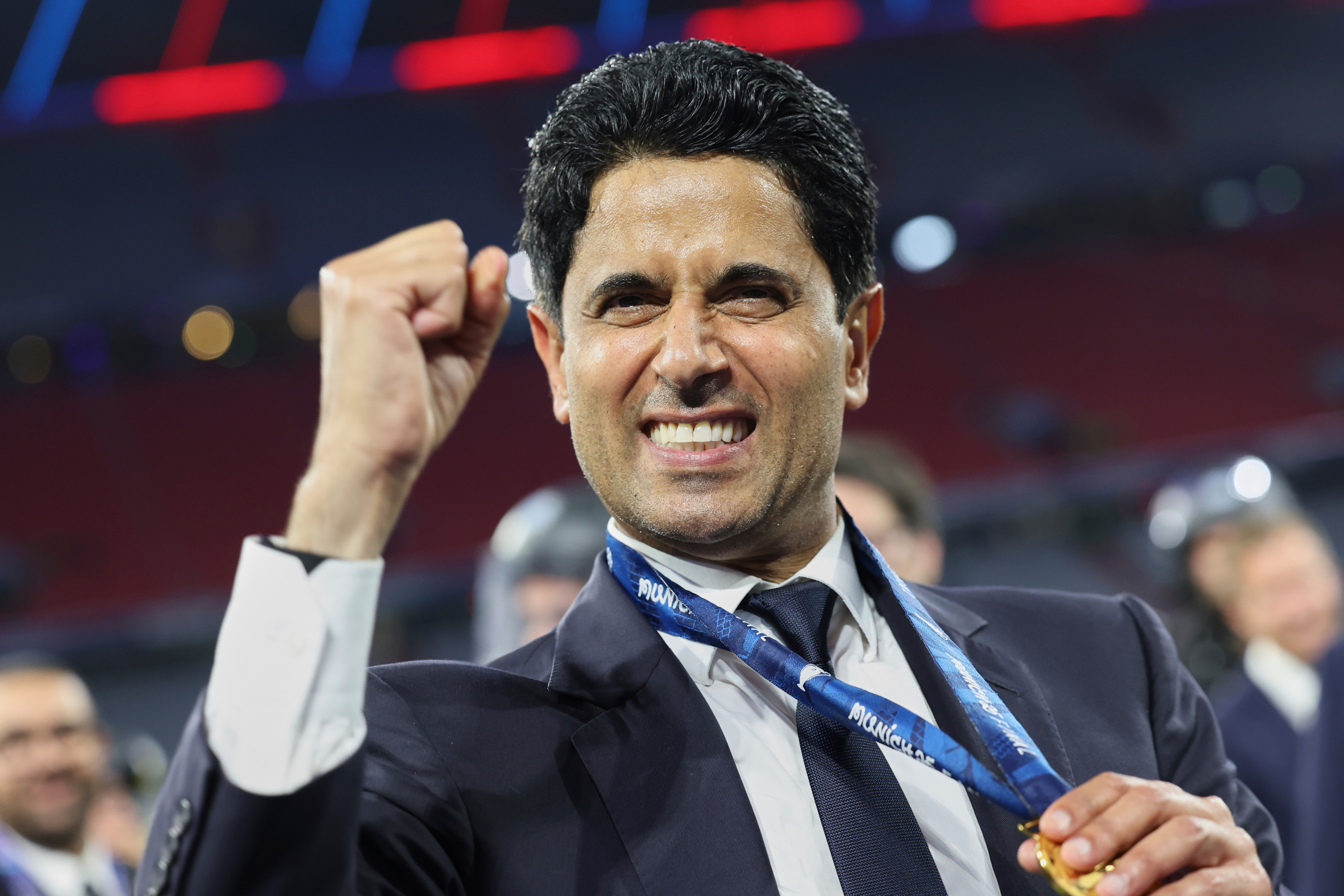 FILE - PSG President Nasser Al-Khelaifi celebrates after the Champions League final soccer match between Paris Saint-Germain and Inter Milan at the Allianz Arena in Munich, Germany, May 31, 2025.