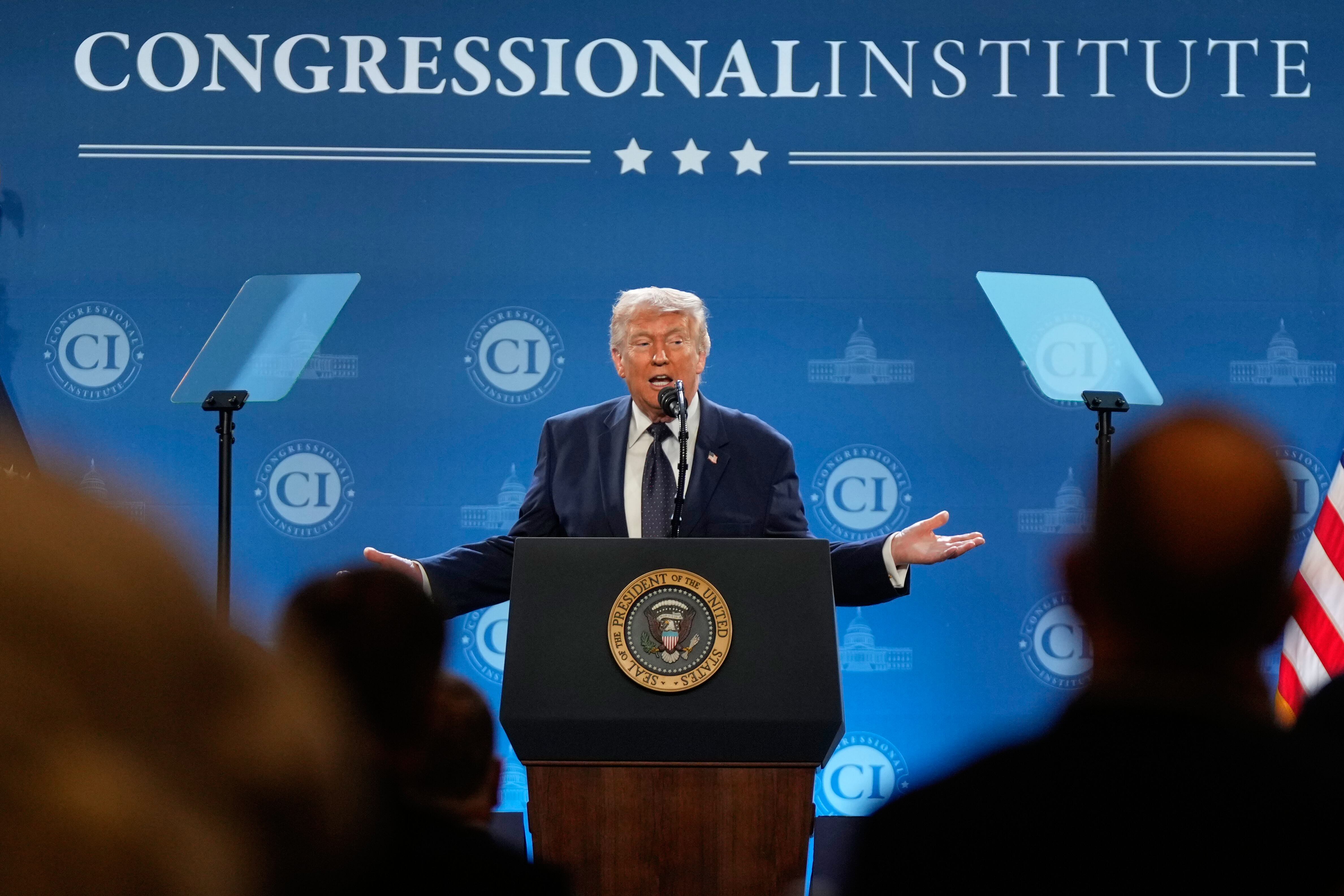 President Donald Trump speaks at the Republican Members Issues Conference, Monday at Trump National Doral Miami in Doral, Fla.