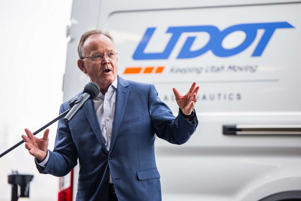 Senate President Stuart Adams speaks during a press conference to discuss UDOT’s selection to lead a federal pilot program testing advanced electric aircraft in Salt Lake City on Tuesday.
