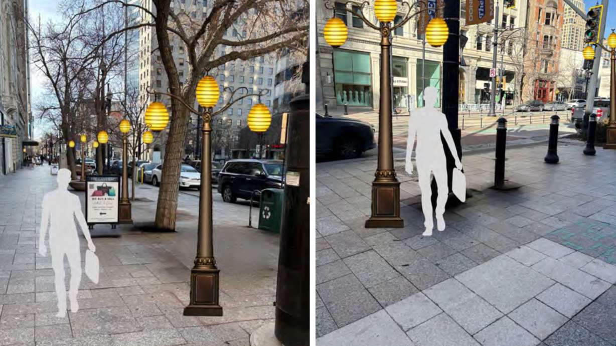 Renderings of new lamp posts that would be added to Main Street by March 2027. The Salt Lake City Community Reinvestment Agency approved $400,000 and the business community is pledging the vast majority of the project costs.