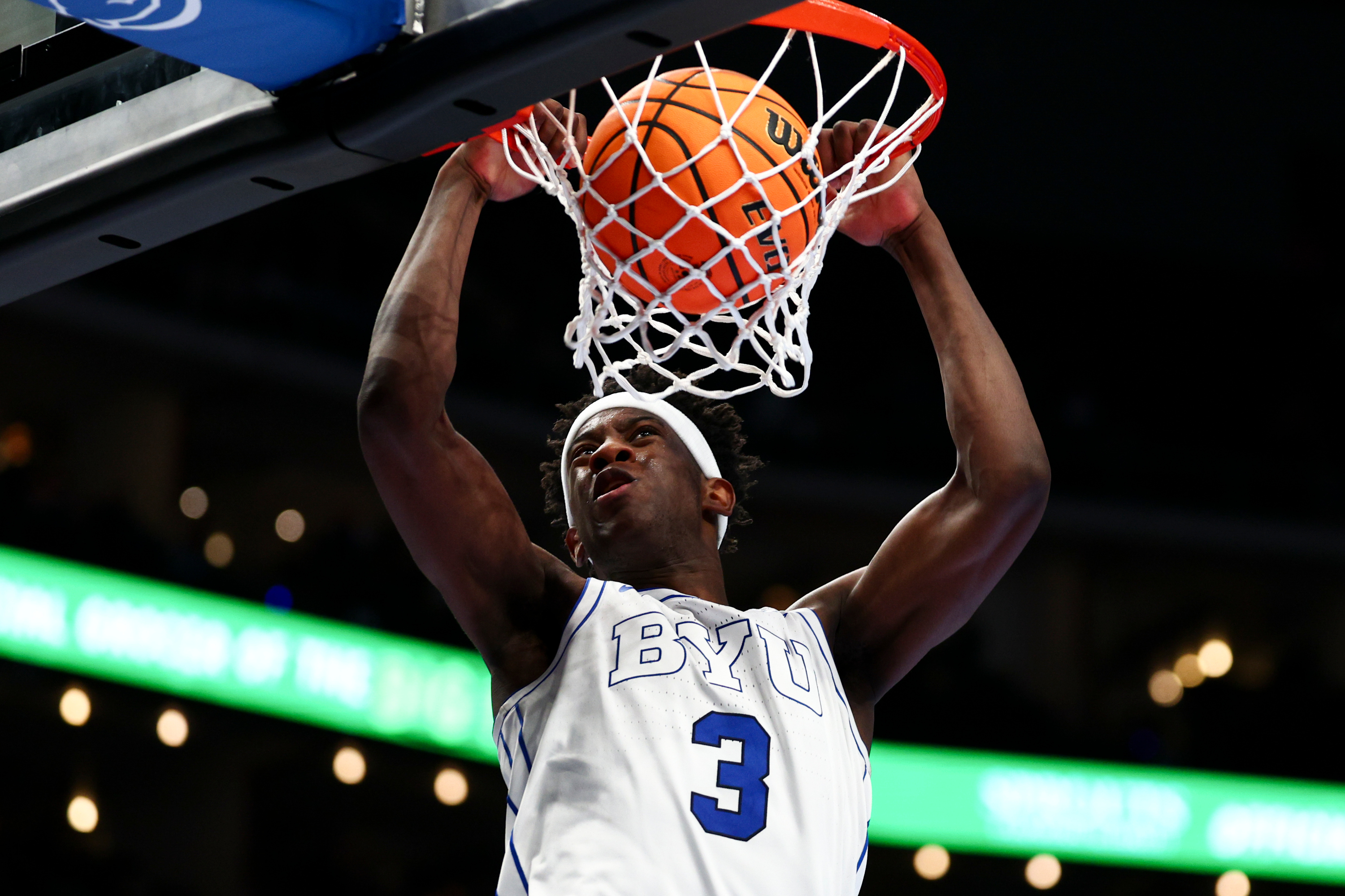 BYU forward AJ Dybantsa (3) dunks during the second half of the game against the Kansas State Wildcats during the 2026 Phillips 66 Big 12 Men's Basketball Tournament at the T-Mobile Center in Kansas City, Missouri, on Tuesday, March 10, 2026.