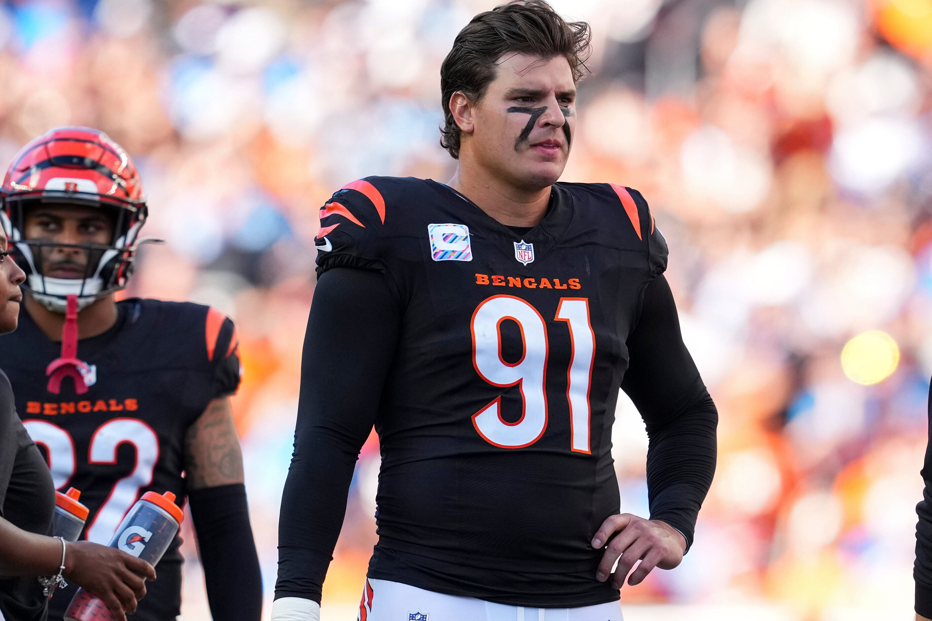 FILE - Cincinnati Bengals defensive end Trey Hendrickson (91) looks on during an NFL football game against the Detroit Lions Sunday, Oct. 5, 2025, in Cincinnati.