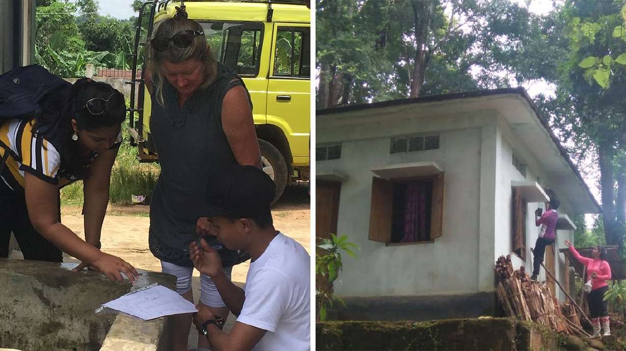 A field entomologist, Cathy Walton and Upasana Singh can be see collecting mosquito larvae in Northeast India (left). Singh and an entomologist set traps to catch adult mosquitoes outside the sleeping quarters.