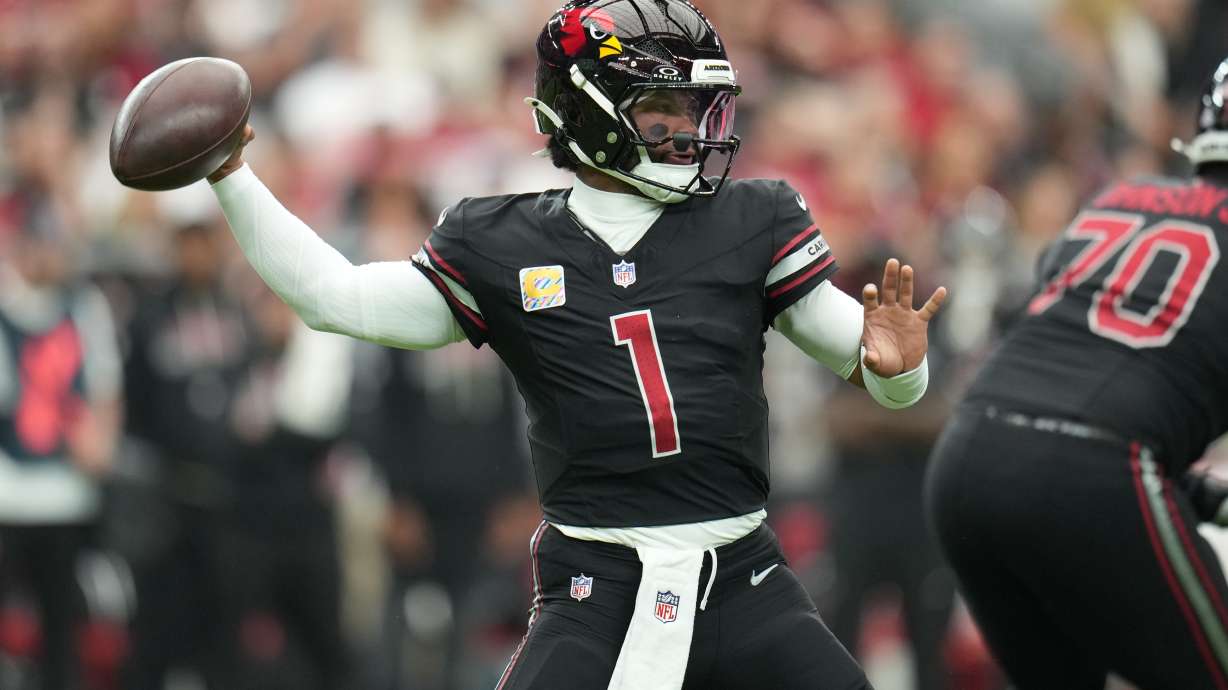 FILE - Arizona Cardinals quarterback Kyler Murray (1) throws a pass during the first half of an NFL football game against the Tennessee Titans, Oct. 5, 2025, in Glendale, Ariz.