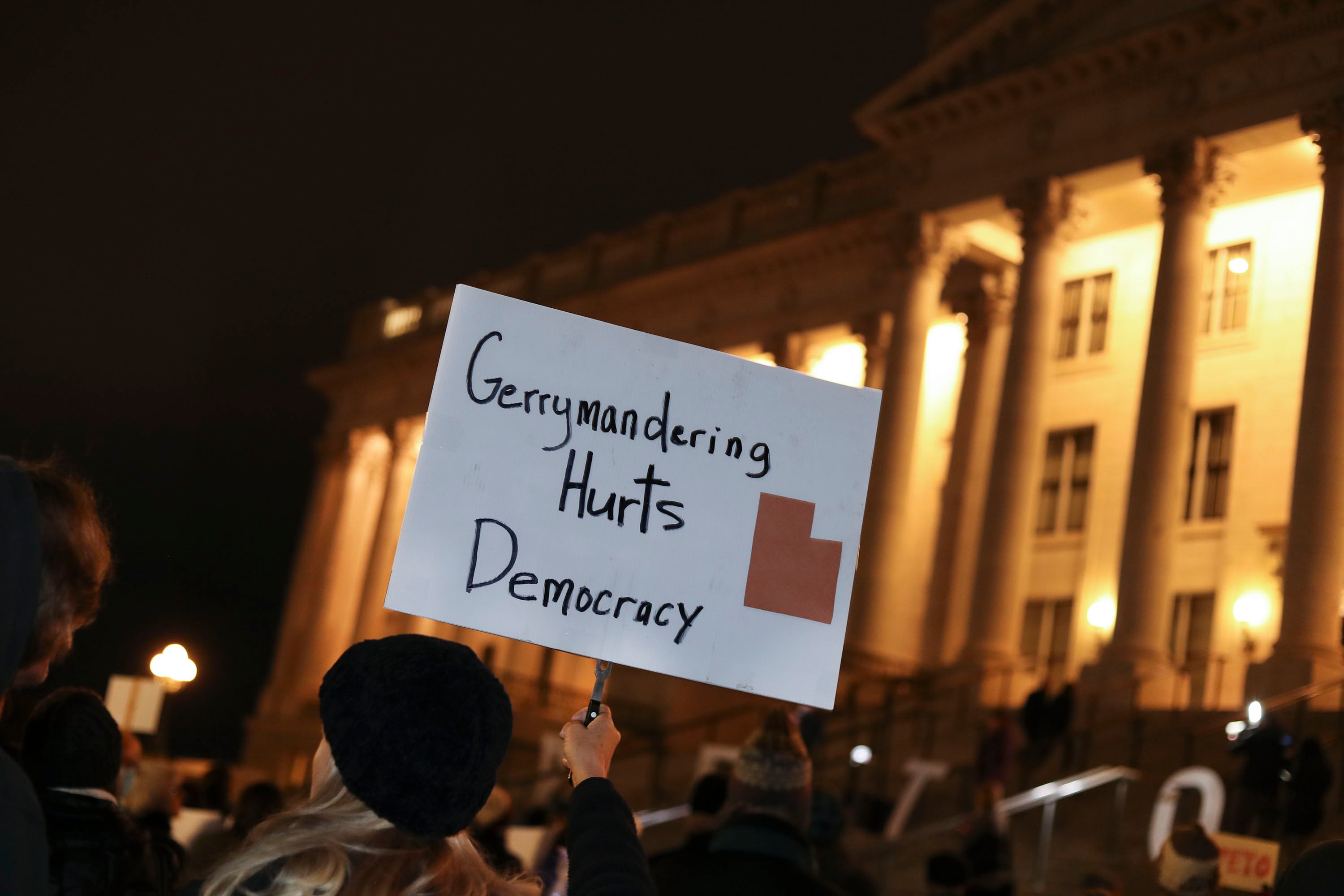 Utahns rally in opposition to the proposed congressional district maps at the Capitol in Salt Lake City on Nov. 10, 2021. The map slices Utah’s capital, the Democratic stronghold of Salt Lake City, and dissects areas like Sugar House, Millcreek, Murray and Holladay into four congressional districts.