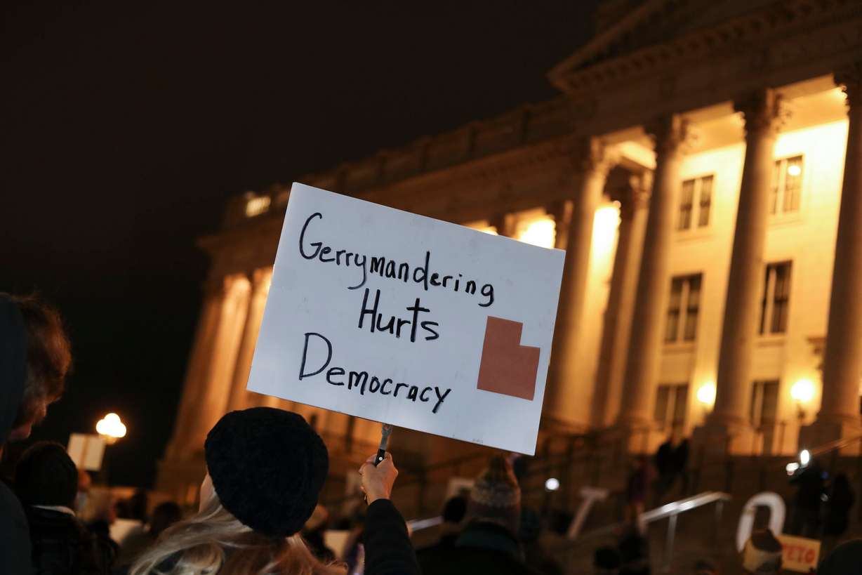 Utahns rally in opposition to the proposed congressional district maps at the Capitol in Salt Lake City on Nov. 10, 2021. The map slices Utah’s capital, the Democratic stronghold of Salt Lake City, and dissects areas like Sugar House, Millcreek, Murray and Holladay into four congressional districts.