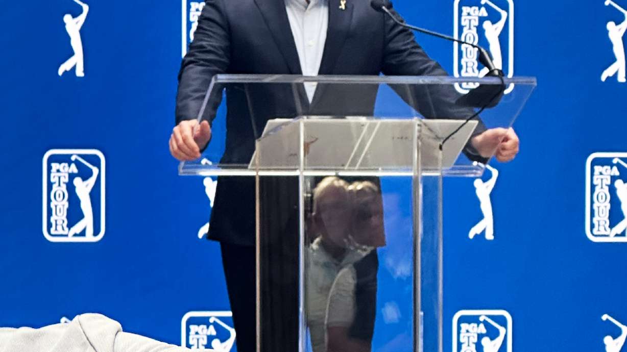 PGA Tour CEO Brian Rolapp discusses a future competition model at a press conference Wednesday, March 11, 2026, at PGA Tour headquarters in Ponte Vedra Beach, Fla.