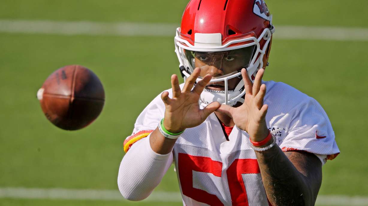 Kansas City Chiefs inside linebacker Darron Lee takes part in a drill at NFL football training camp, July 27, 2019, in St. Joseph, Mo.