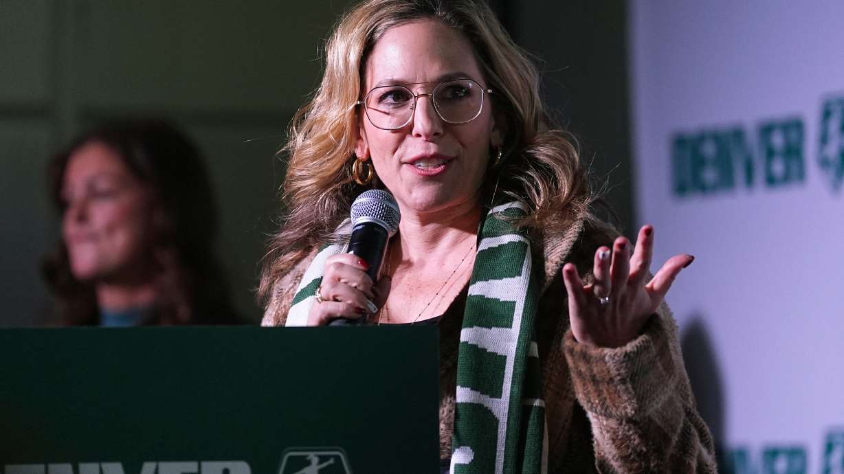 FILE - Jessica Berman, commissioner of the National Women's Soccer League, announces the securing of a bid by Denver to be the 16th team in the league during a news conference Thursday, Jan. 30, 2025, in Denver.