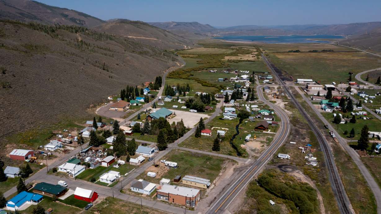 The town of Scofield, with the Scofield Reservoir visible in the background, Aug. 27, 2021. Residents in Scofield are pushing back against a proposed coal mine that many feel would upend the quiet, rural community's way of life.