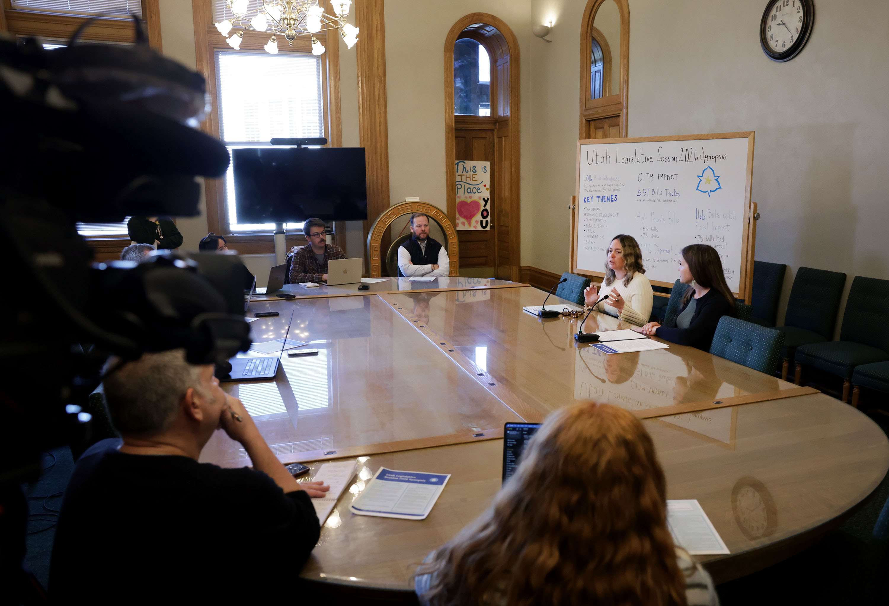 Salt Lake City Mayor Erin Mendenhall, right, and Legislative Affairs Director Angela Price speak to the media regarding legislation impacts on municipal government passed during the 2026 session at the Salt Lake City and County Building in Salt Lake City on Wednesday.