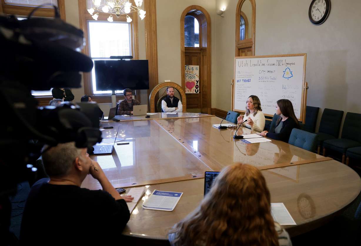 Salt Lake City Mayor Erin Mendenhall, right, and Legislative Affairs Director Angela Price speak to the media regarding legislation impacts on municipal government passed during the 2026 session at the Salt Lake City and County Building in Salt Lake City on Wednesday.