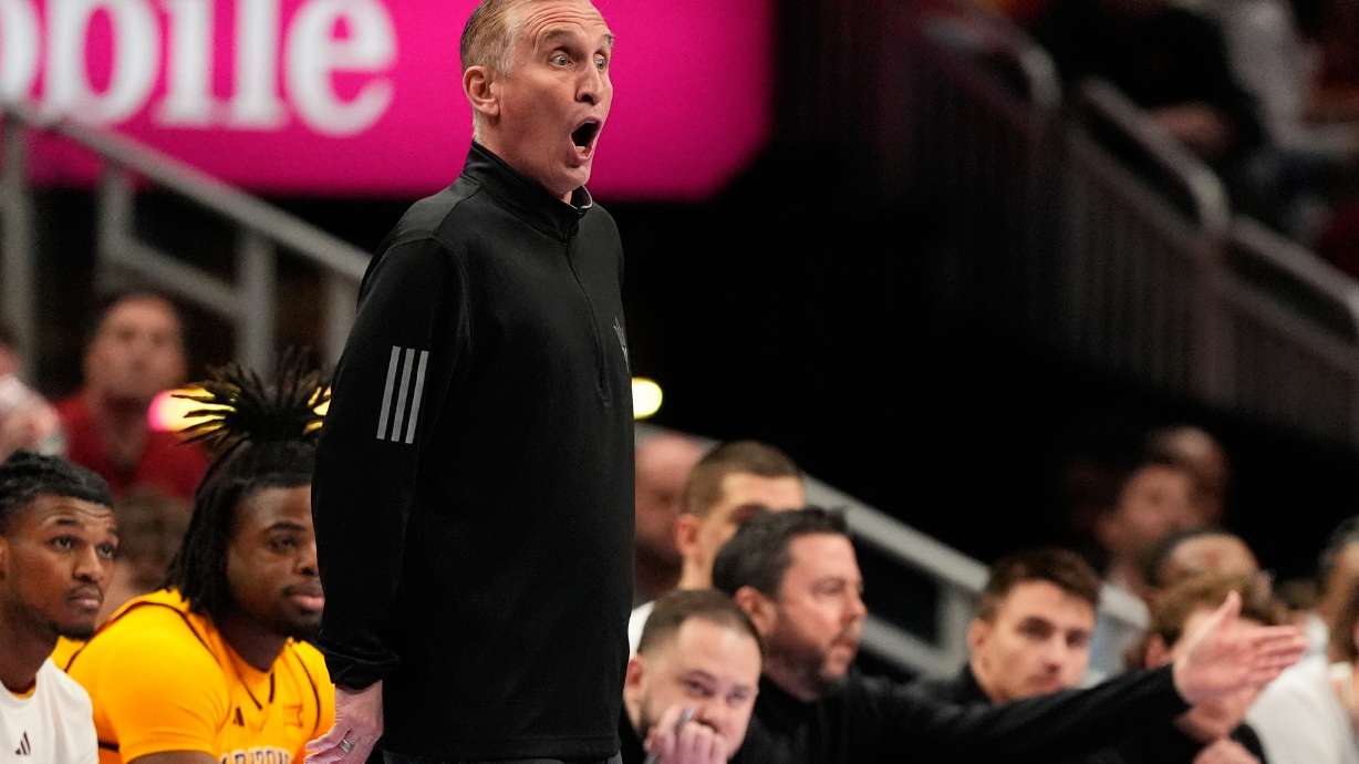 Arizona State head coach Bobby Hurley is seen on the sidelines during the first half of an NCAA college basketball game against Iowa State in the second round of the Big 12 Conference tournament Wednesday, March 11, 2026, in Kansas City, Mo.
