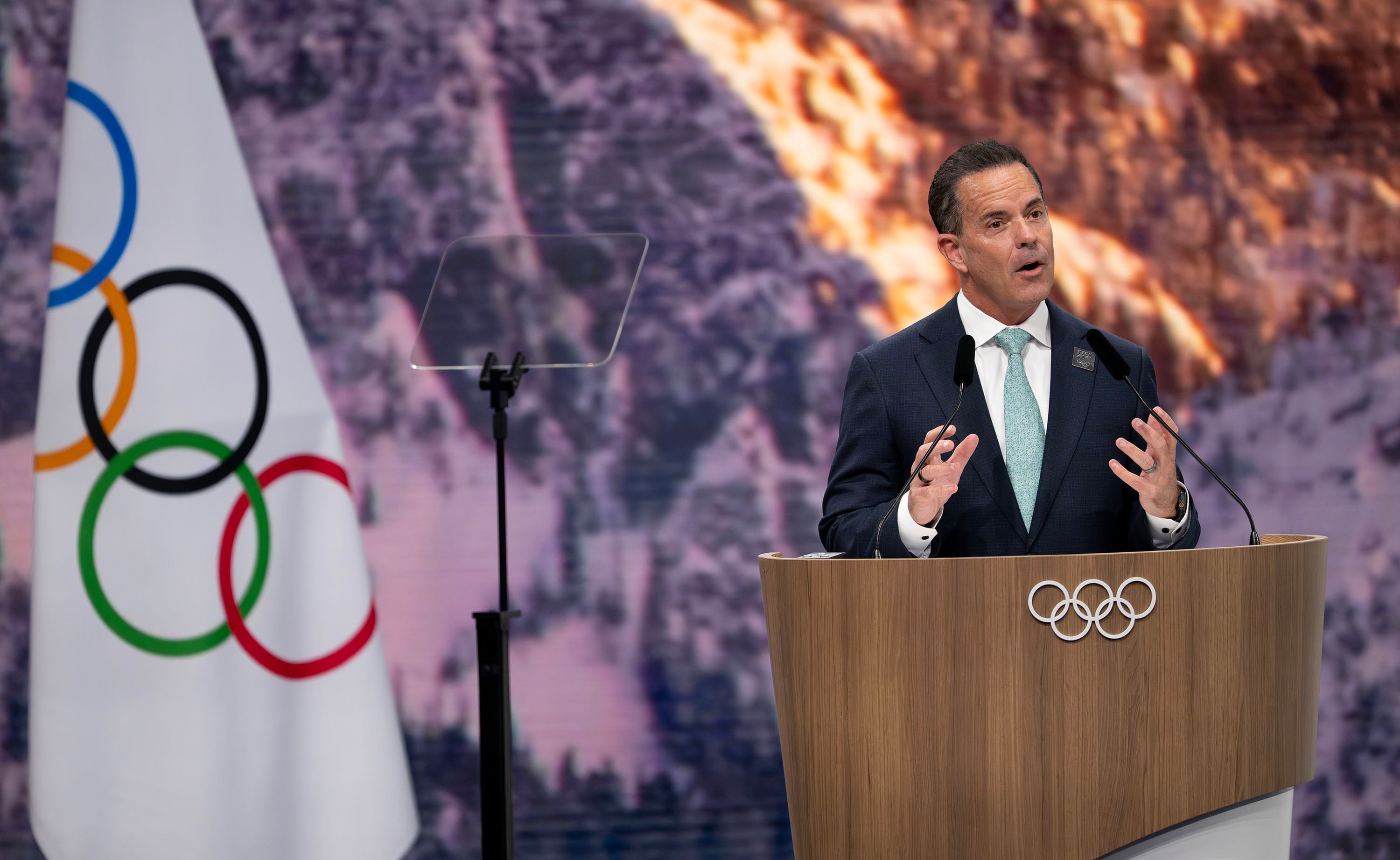Brad Wilson, CEO of the Organizing Committee for the 2034 Olympic and Paralympic Winter Games speaks to the IOC during Utah’s presentation in Milan on Feb. 3.