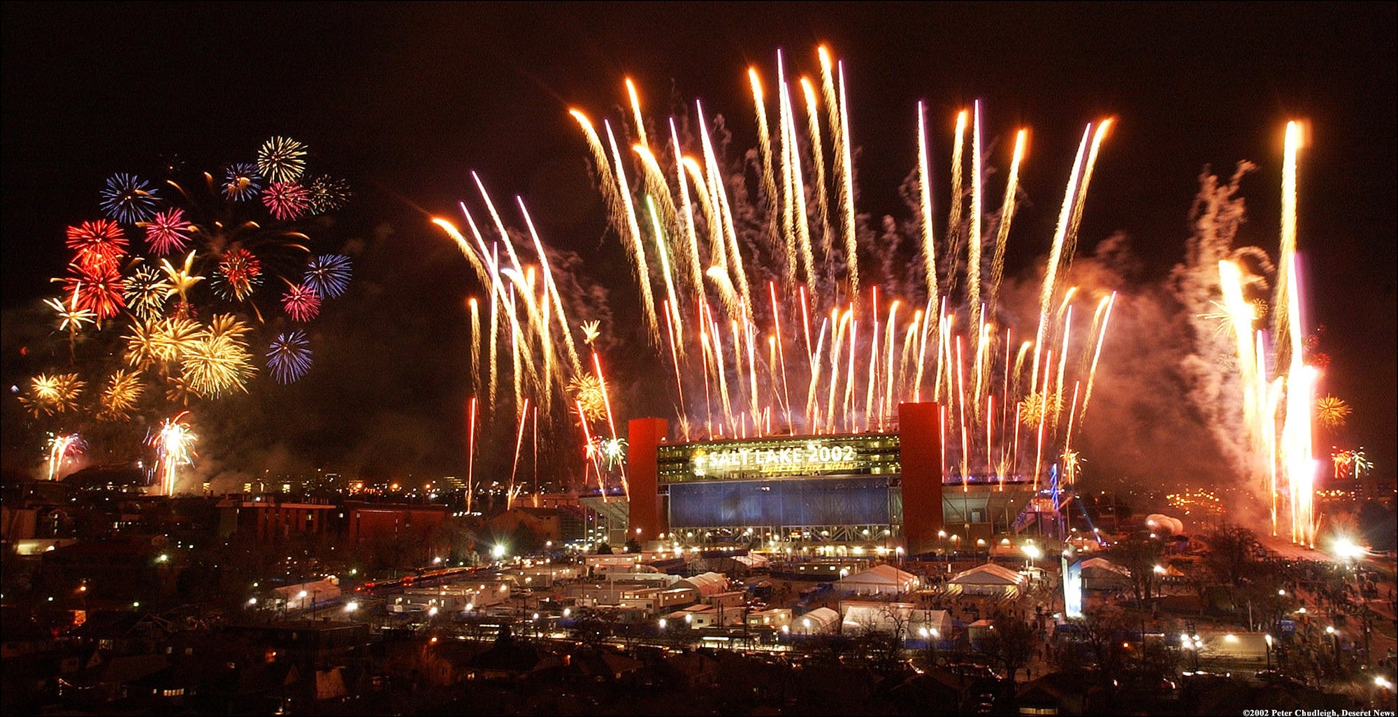 Fireworks explode over Rice Eccles Stadium during the Closing Ceremonies of the 2002 Winter Olympics in Salt Lake City on Feb. 24, 2002.