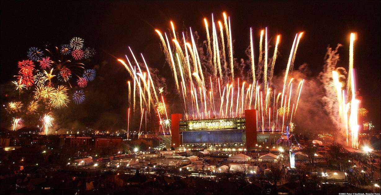 Fireworks explode over Rice Eccles Stadium during the Closing Ceremonies of the 2002 Winter Olympics in Salt Lake City on Feb. 24, 2002.