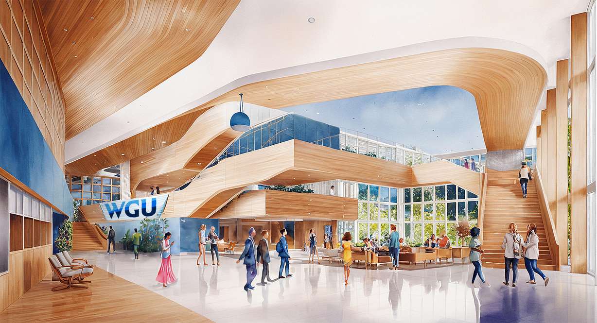A rendering shows what a part of Western Governors University's Salt Lake headquarters could look like. On Thursday, WGU announced plans to develop a new national headquarters in downtown Salt Lake City.