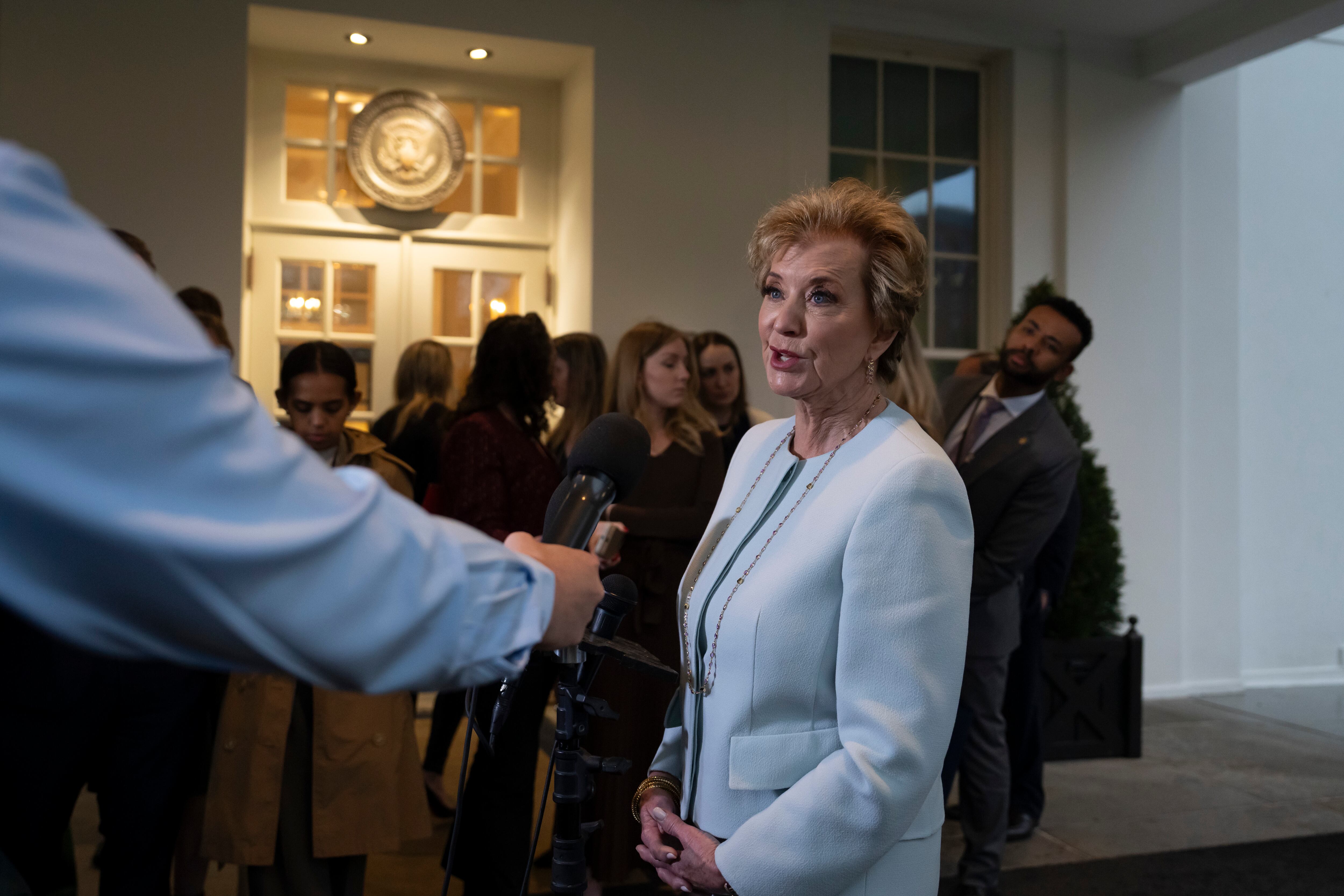 Secretary of Education Linda McMahon speaks to reporters at the White House in Washington, Thursday, March 20, 2025.