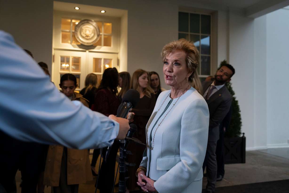 Secretary of Education Linda McMahon speaks to reporters at the White House in Washington, Thursday, March 20, 2025.