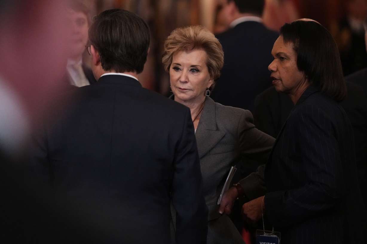 Education Secretary Linda McMahon is seen after a roundtable discussion on college sports in the East Room of the White House, Friday, March 6, 2026, in Washington.