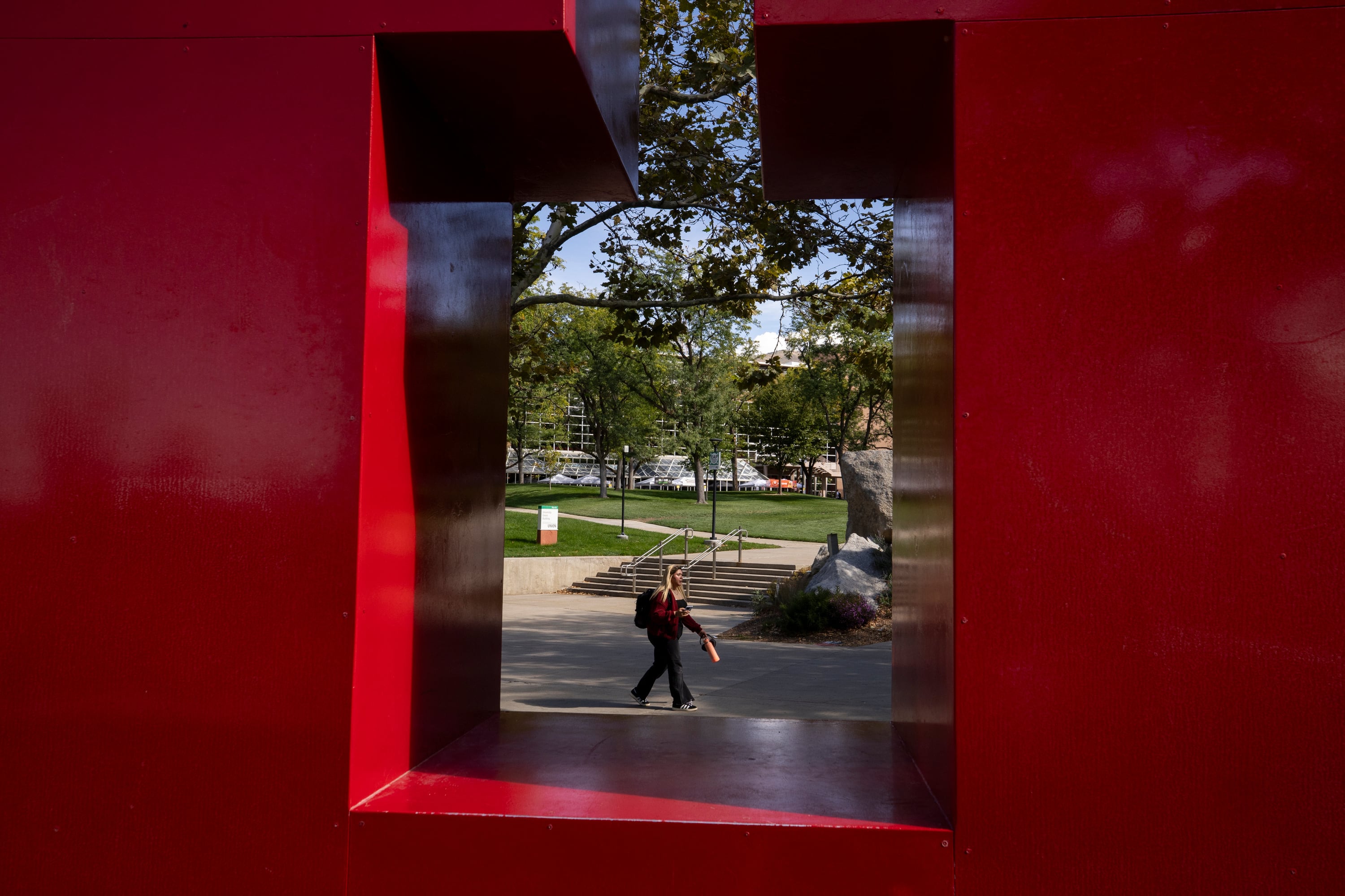 A student walks past the U sculpture on the University of Utah campus in Salt Lake City on Sept. 26, 2025.