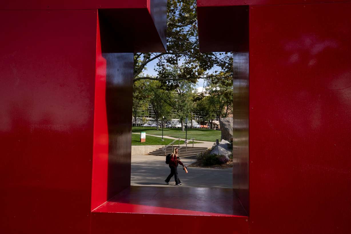 A student walks past the U sculpture on the University of Utah campus in Salt Lake City on Sept. 26, 2025.