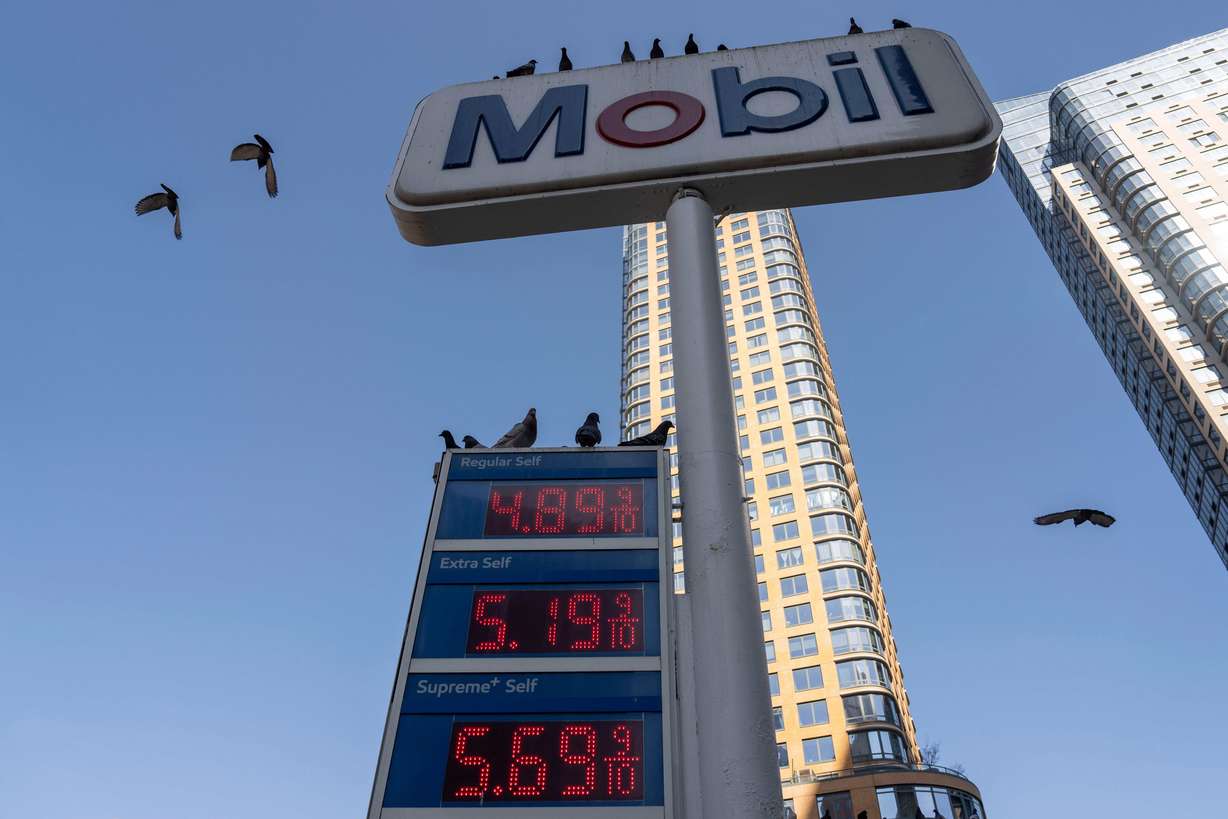 Birds fly around a sign showing the gas prices at a gas station, Tuesday, in the Brooklyn borough of New York.
