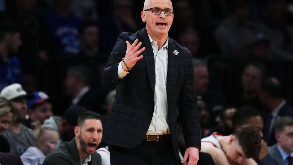 UConn head coach Dan Hurley argues for a call during first half of an NCAA college basketball game against Xavier in the quarterfinals of the Big East basketball tournament Thursday, March 12, 2026, in New York.