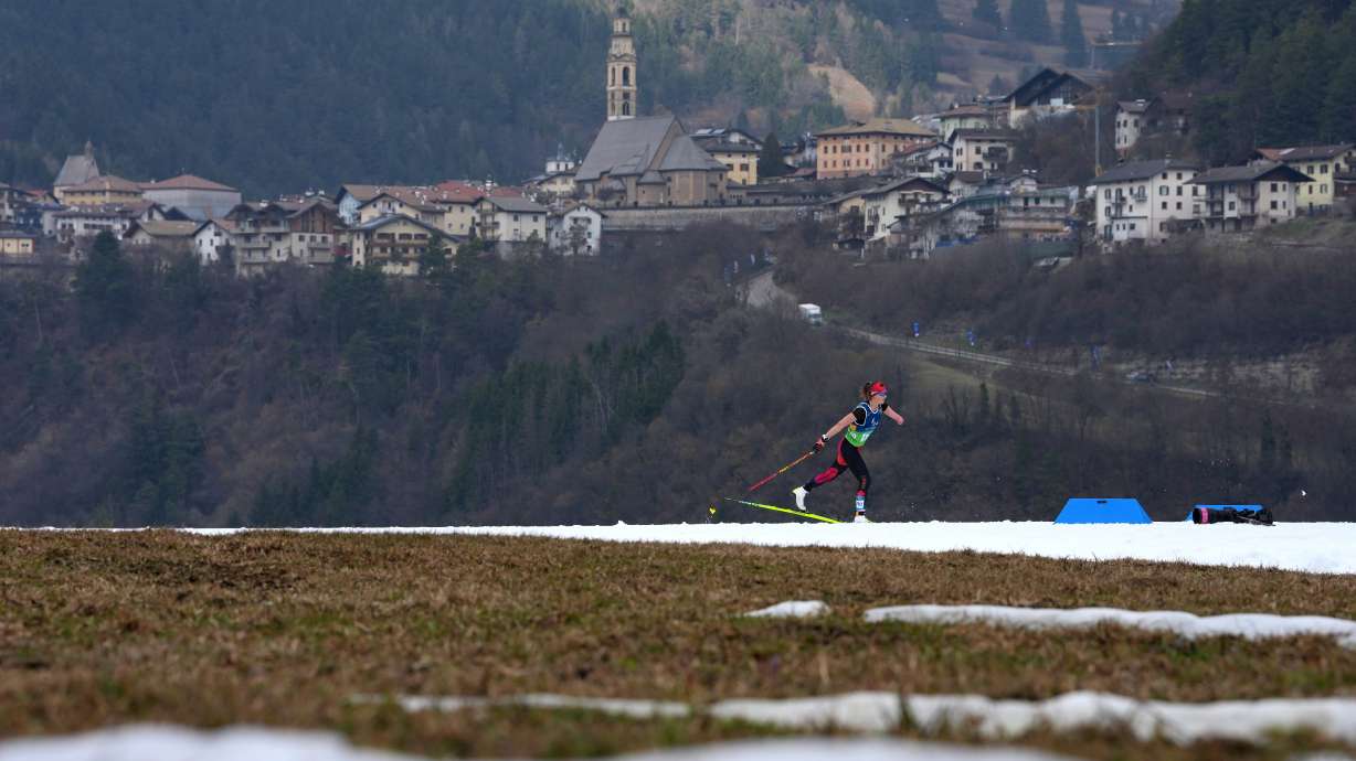 Brittany Hudak, of Canada, competes in the cross country skiing women's 10Km interval start classic standing final at the 2026 Winter Paralympics, in Tesero, Italy, Wednesday, March 11, 2026.