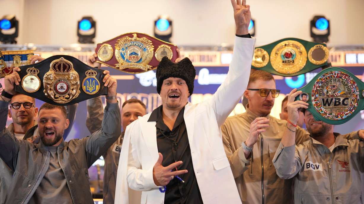 FILE - Ukraine's boxer Oleksandr Usyk attends a press conference in Wembley stadium in London, Thursday, July 17, 2025, ahead of the boxing fight between Britain's Daniel Dubois and Oleksandr Usyk on Saturday.