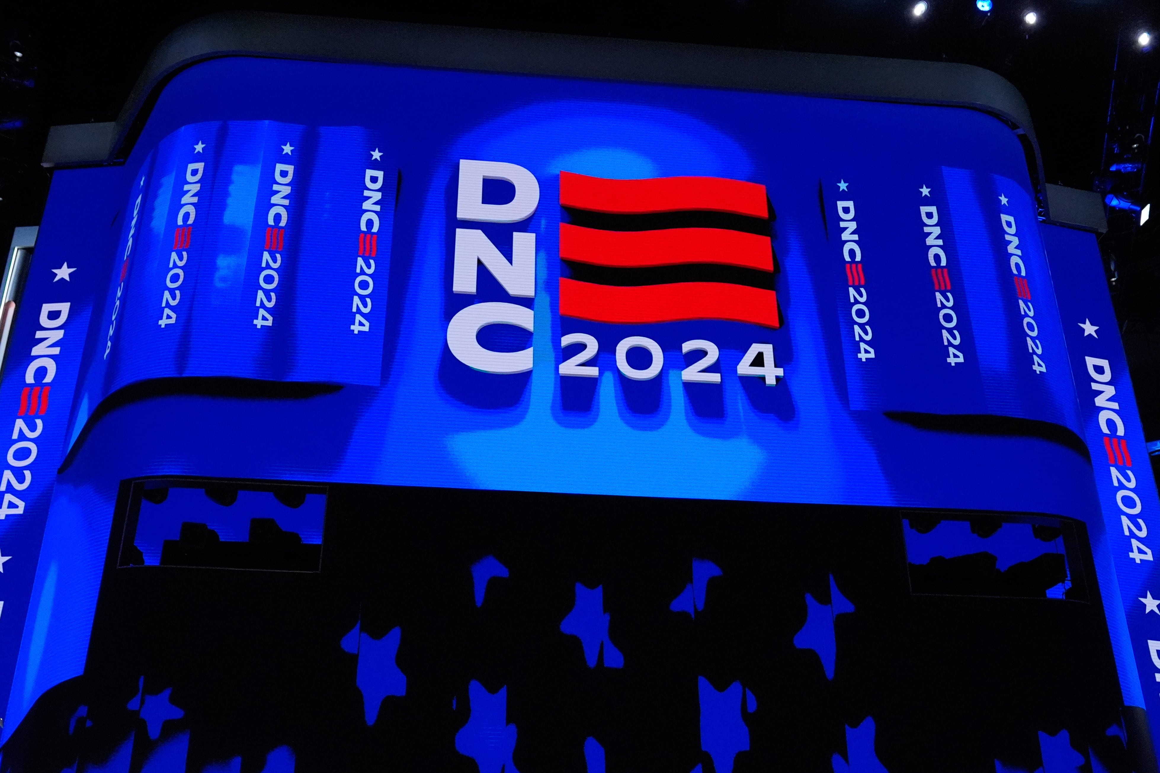 Part of the stage with the DNC logo is seen at the Democratic National Convention, Aug. 22, 2024, in Chicago.